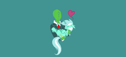 Size: 1837x833 | Tagged: safe, artist:doppiedoo, lyra heartstrings, oc, oc only, oc:anon, human, pony, blushing, clothes, female, heart, holding a pony, male, necktie, simple background, straight, suit, teal background