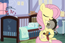 Size: 1099x727 | Tagged: artist needed, safe, discord, fluttershy, pegasus, pony, baby, baby discord, baby draconequus, comforting, fluttermom, mama fluttershy, sad