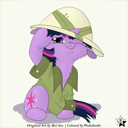 Size: 4000x4000 | Tagged: safe, artist:bri-sta, artist:wodahseht, derpibooru import, daring do, twilight sparkle, :t, absurd resolution, chest fluff, clothes, costume, cute, filly, floppy ears, fluffy, hat, looking at you, oversized clothes, pith helmet, sitting, smiling, solo, twiabetes, twily, wink