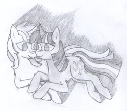 Size: 920x806 | Tagged: safe, artist:jesterofdestiny, lyra heartstrings, twilight sparkle, unicorn twilight, unicorn, fanfic:a slight detour, black and white, cuddling, fanfic, fanfic art, female, grayscale, holding hooves, lesbian, looking at each other, lying down, monochrome, pencil drawing, shadow, shipping, smiling, snuggling, traditional art, twyra