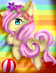 Size: 748x976 | Tagged: safe, artist:yuki-artyt, fluttershy, pegasus, pony, ball, floral head wreath, flower, flower in hair, solo