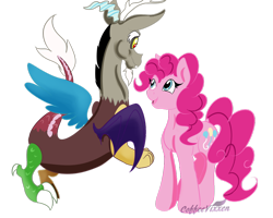 Size: 1024x819 | Tagged: safe, artist:coffeevixxen, discord, pinkie pie, draconequus, earth pony, pony, duo, female, looking at each other, mare, simple background, transparent background