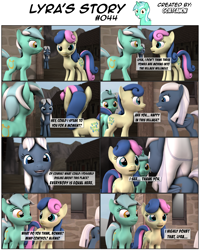Size: 3928x4904 | Tagged: safe, artist:goatcanon, bon bon, lyra heartstrings, night glider, sweetie drops, comic:lyra's story, 3d, comic, dialogue, equal cutie mark, equal town, eyeroll, our town, source filmmaker, starlight's village, text