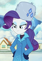 Size: 679x983 | Tagged: safe, screencap, rarity, better together, equestria girls, holidays unwrapped, blizzard or bust, clothes, coat, cropped, cute, fake snow, female, hat, huggable, lidded eyes, mittens, raribetes, rarity's winter hat, solo, winter coat, winter outfit