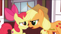 Size: 1286x724 | Tagged: safe, screencap, apple bloom, applejack, earth pony, pony, the cart before the ponies, animated, cutie mark, loop, nose wrinkle, talking, the cmc's cutie marks