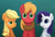 Size: 3988x2695 | Tagged: dead source, safe, artist:eddiedodoman, applejack, big macintosh, rarity, earth pony, pony, unicorn, crush, filly, heart, male, pixiv, rarimac, shipping, stallion, straight, unamused