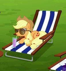 Size: 486x528 | Tagged: safe, screencap, applejack, earth pony, pony, the cart before the ponies, aviators, chair, cropped, drink, drinking, drinking glass, female, lawn chair, mare, prone, solo, straw, sunglasses