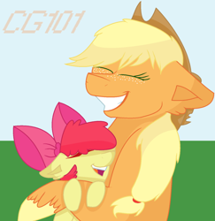 Size: 1024x1052 | Tagged: safe, artist:cutegir101, apple bloom, applejack, earth pony, pony, eyes closed, hug, open mouth, sisters