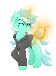 Size: 2958x4000 | Tagged: safe, artist:sol-r, lyra heartstrings, fanfic:background pony, clothes, fanfic, fanfic art, glowing horn, hoodie, lyre, magic, raised hoof, simple background, solo, telekinesis, transparent background