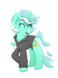 Size: 2958x4000 | Tagged: safe, alternate version, artist:sol-r, lyra heartstrings, fanfic:background pony, clothes, eyes closed, fanfic, fanfic art, hoodie, raised hoof, simple background, solo, transparent background