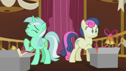 Size: 1920x1080 | Tagged: safe, screencap, bon bon, lyra heartstrings, sweetie drops, earth pony, pony, unicorn, slice of life (episode), bells, box, duo, eyes closed, raised hoof, startled, wide eyes