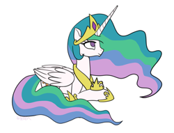 Size: 1648x1260 | Tagged: safe, artist:puetsua, princess celestia, alicorn, pony, female, mare, prone, simple background, solo, white background