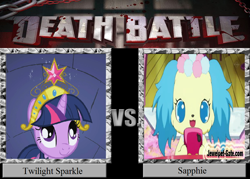 Size: 1008x720 | Tagged: safe, derpibooru import, twilight sparkle, big crown thingy, death battle, exploitable meme, jewelpet, meme, sanrio, sapphie, sega