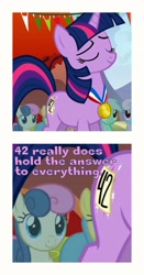 Size: 1500x2870 | Tagged: safe, edit, edited screencap, screencap, bon bon, lyra heartstrings, sweetie drops, twilight sparkle, unicorn twilight, pony, unicorn, fall weather friends, 42, female, mare, medal, proud, text