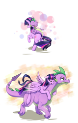 Size: 1260x1975 | Tagged: safe, artist:aymint, derpibooru import, spike, twilight sparkle, twilight sparkle (alicorn), unicorn twilight, alicorn, dragon, pony, unicorn, adult spike, cute, dragons riding ponies, eyes closed, female, hug, looking back, mama twilight, mare, older, older spike, on back, open mouth, ponies riding dragons, quadrupedal spike, raised hoof, riding, role reversal, sleeping, smiling, spikelove, spread wings, underhoof