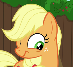 Size: 488x444 | Tagged: safe, screencap, applejack, earth pony, pony, the cart before the ponies, one eye closed, solo