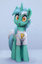 Size: 867x1316 | Tagged: safe, artist:rodrigues404, lyra heartstrings, pony, unicorn, :>, :d, :o, circle game, clothes, cute, female, gray background, hand, looking at you, lyrabetes, mare, open mouth, reflection, shirt, simple background, smiling, snow, snowfall, solo, 👌