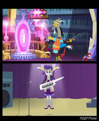 Size: 640x781 | Tagged: safe, edit, edited screencap, editor:teren rogriss, screencap, discord, rarity, draconequus, equestria girls, rainbow rocks, what about discord?, crystal mirror, fishing rod, keytar, magnet, microphone, musical instrument, stage, twilight's castle