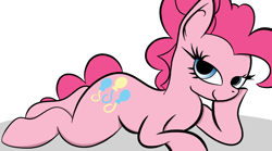 Size: 900x500 | Tagged: safe, artist:trimara, pinkie pie, earth pony, pony, bedroom eyes, female, lidded eyes, looking at you, mare, prone, simple background, solo, white background