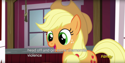 Size: 1920x975 | Tagged: safe, screencap, applejack, earth pony, pony, the cart before the ponies, meme, youtube caption