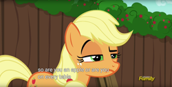 Size: 1920x970 | Tagged: safe, screencap, applejack, earth pony, pony, the cart before the ponies, meme, raised eyebrow, solo, unconvinced applejack, youtube caption