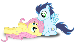 Size: 2827x1641 | Tagged: dead source, safe, artist:meandmyideas, fluttershy, soarin', pegasus, pony, crack shipping, cute, eye contact, female, looking at each other, lying down, male, mare, on back, shipping, simple background, smiling, soarinshy, stallion, straight, transparent background, vector