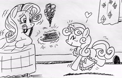 Size: 3536x2256 | Tagged: safe, artist:debmervin, rarity, sweetie belle, pony, unicorn, apron, clothes, cooking, eyes closed, female, filly, food, heart, magic, mare, monochrome, mouse hole, smoke, sweetie belle can't cook, sweetie fail, this will end in tears and/or breakfast, traditional art