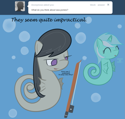 Size: 801x766 | Tagged: safe, artist:erthilo, lyra heartstrings, octavia melody, original species, sea pony, seahorse, ask, ask octavia, bow (instrument), cello bow, duo, duo female, female, no pupils, seaponified, seapony lyra, species swap, tumblr, underwater