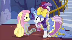 Size: 914x514 | Tagged: safe, screencap, fluttershy, rarity, pegasus, pony, unicorn, fame and misfortune, and then there's rarity, angry, bags under eyes, fluttershy is not amused, stress couture, unamused