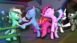 Size: 3840x2160 | Tagged: safe, artist:viranimation, berry punch, berryshine, blues, dj pon-3, lyra heartstrings, noteworthy, octavia melody, thunderlane, vinyl scratch, earth pony, pegasus, pony, unicorn, 3d, background pony, drinking, female, lyraworthy, male, mare, night, party, source filmmaker, stallion