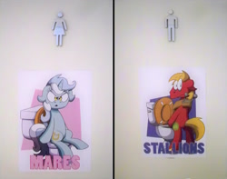 Size: 1180x930 | Tagged: safe, big macintosh, lyra heartstrings, earth pony, pony, unicorn, bathroom sign, bipedal, but why, female, galacon, implied pissing, looking at you, male, mare, meme, sitting, sitting lyra, stallion, toilet