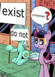 Size: 382x540 | Tagged: safe, edit, editor:autism spirit, lyra heartstrings, twilight sparkle, twilight sparkle (alicorn), alicorn, pony, unicorn, confused, female, frown, glare, hoof hold, lyra's sign meme, mare, question mark, raised eyebrow, sign, speech bubble, wat