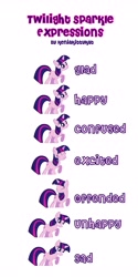 Size: 1888x3780 | Tagged: safe, artist:keniakittykat, derpibooru import, twilight sparkle, confused, excited, expression, expressions, happy, offended, sad, solo, unhappy