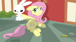 Size: 1280x720 | Tagged: safe, edit, edited screencap, screencap, angel bunny, fluttershy, pegasus, pony, fame and misfortune, angry, cornered, grumpy, hoof hold, scared, shield, vector