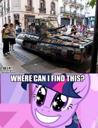 Size: 500x653 | Tagged: safe, derpibooru import, screencap, twilight sparkle, human, book, image macro, irl, irl human, meme, photo, tank (vehicle)