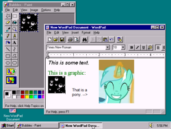 Size: 640x480 | Tagged: safe, lyra heartstrings, bubble, captain obvious, eyes closed, magic, magic aura, ms paint, start button, text, times new roman, windows, windows 95, wordpad