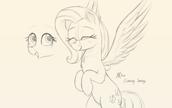 Size: 1024x643 | Tagged: safe, artist:j24262756, fluttershy, pegasus, pony, cute, eyes closed, female, mare, monochrome, shyabetes, simple background, sketch, smiling, solo, traditional art