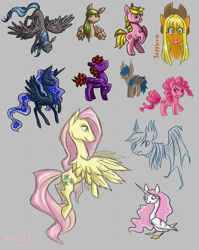 Size: 794x1000 | Tagged: safe, artist:dany-the-hell-fox, applejack, fluttershy, pinkie pie, princess celestia, princess luna, oc, alicorn, bat pony, duck, duck pony, earth pony, pegasus, pony, bat pony oc, bat wings, cowboy hat, cutie mark, female, flying, gray background, hat, hooves, horn, lineless, mare, raised hoof, simple background, sketch, smiling, spread wings, swanlestia, tongue out, wings