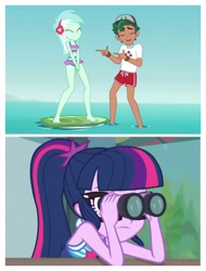 Size: 3106x4096 | Tagged: safe, edit, edited screencap, screencap, lyra heartstrings, sci-twi, timber spruce, twilight sparkle, better together, equestria girls, turf war, unsolved selfie mysteries, clothes, lifeguard timber, shipping denied, side chick, swimsuit