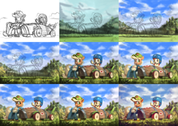 Size: 3600x2550 | Tagged: safe, artist:assasinmonkey, apple bloom, applejack, earth pony, pony, the cart before the ponies, cart, clothes, freckles, hat, helmet, mechanic coveralls, open mouth, progress, sketch, wip