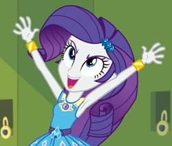 Size: 1274x1080 | Tagged: safe, screencap, rarity, better together, equestria girls, holidays unwrapped, armpits, arms in the air, bracelet, canterlot high, cropped, excited, female, geode of shielding, hallway, jewelry, lockers, magical geodes, o come all ye squashful, open mouth, solo