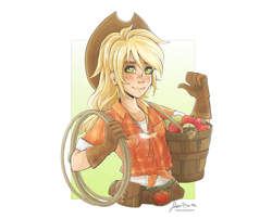 Size: 1024x827 | Tagged: safe, artist:viviennecorner, applejack, human, apple, belt, bucket, clothes, element of honesty, food, gloves, humanized, rope, shirt, solo, tanktop