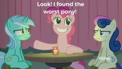 Size: 1046x596 | Tagged: safe, edit, edited screencap, screencap, bon bon, lyra heartstrings, pinkie pie, sweetie drops, earth pony, pony, unicorn, the maud couple, angry, candle, female, mare, op is a cuck, op is trying to start shit, pointing, smiling, trio