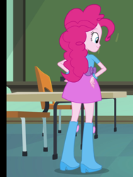 Size: 1536x2048 | Tagged: safe, screencap, pinkie pie, equestria girls, equestria girls (movie), rainbow rocks, boots, bracelet, chair, chalkboard, clothes, cropped, female, hand on hip, high heel boots, jewelry, needs more jpeg, skirt, smiling, table