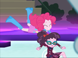 Size: 2048x1536 | Tagged: safe, screencap, pinkie pie, varsity trim, equestria girls, friendship games, background human, clothes, crystal prep academy uniform, dimensional cracks, duo, duo female, eyes closed, female, glasses, gritted teeth, rescue, school uniform, skirt