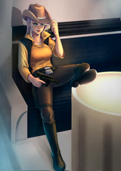 Size: 990x1400 | Tagged: safe, artist:bakki, applejack, human, belt, blaster, clothes, commission, crossover, female, han shot first, han solo, hat, humanized, solo, star wars