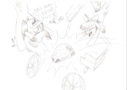 Size: 1263x893 | Tagged: safe, artist:saturdaymorningproj, apple bloom, applejack, earth pony, pony, the cart before the ponies, dialogue, monochrome, open mouth, traditional art