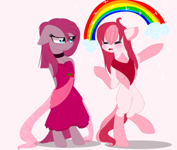 Size: 1024x870 | Tagged: safe, artist:little-sketches, pinkie pie, oc, oc:amai, pony, :t, bipedal, clothes, dress, eyes closed, pinkamena diane pie, rainbow, simple background, transparent background