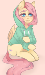 Size: 532x890 | Tagged: safe, artist:pettankochanv, fluttershy, pegasus, pony, clothes, hoodie, simple background, solo