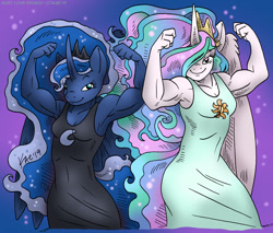 Size: 1100x936 | Tagged: safe, artist:kaemantis, princess celestia, princess luna, alicorn, anthro, armpits, biceps, clothes, commission, crown, dress, duo, female, flexing, jewelry, mare, muscles, princess muscle moona, princess musclestia, regalia, royal sisters, siblings, sisters, smiling